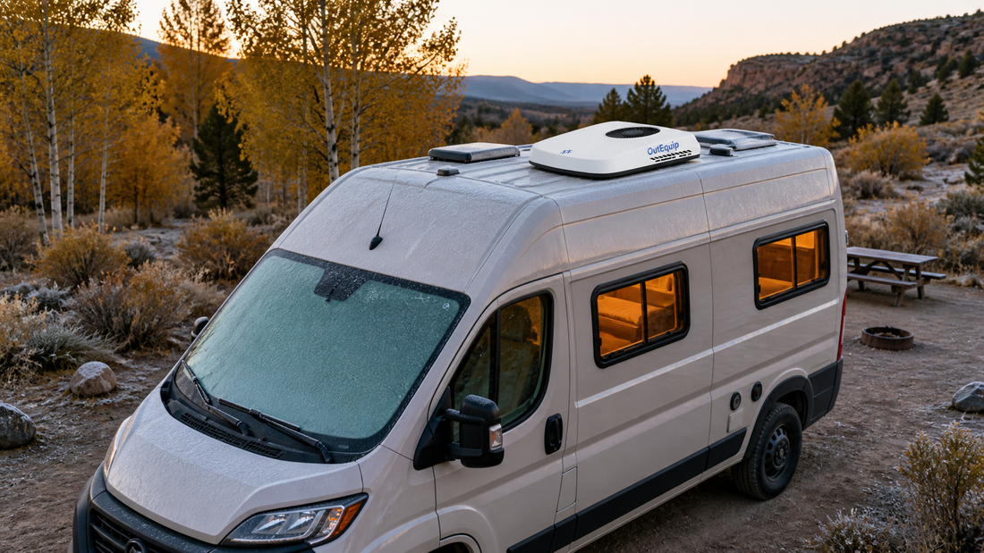 shoulder season rv camping with a 12V rooftop air conditioner: 85°F afternoons and 42°F dawns handled by one unit