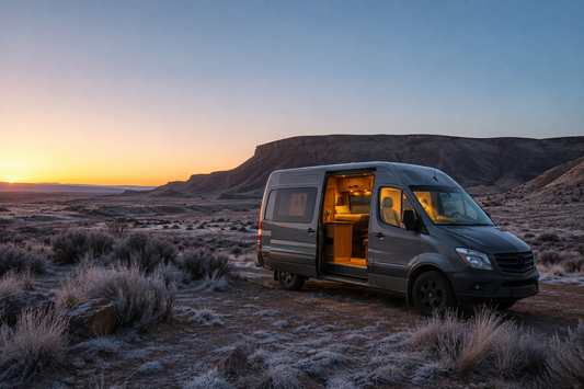 heat rv without propane: a 12V rooftop air conditioner and a 12V diesel heater on a propane-free camper van at a 36°F dawn