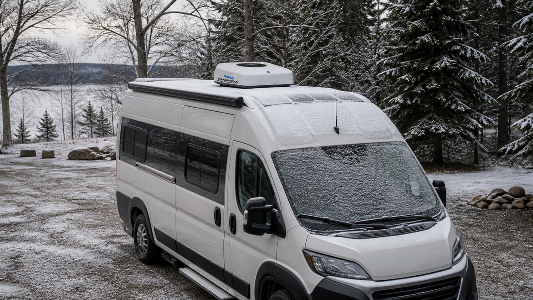 rv air conditioner winterization: 12V rooftop AC under a fully enclosed cover for off-season storage — no antifreeze or refrigerant work needed
