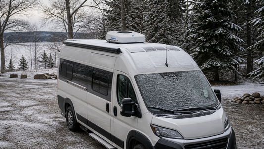 rv air conditioner winterization: 12V rooftop AC under a fully enclosed cover for off-season storage — no antifreeze or refrigerant work needed